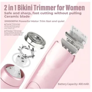 2 in 1 Women Electric Shaver Dual Head Bikini Trimmer for Women IPX7 Waterproof Wet & Dry Use Body Hair Trimmer and Facial Hair Remover for Bikini Underarm Leg Arm Body Face, Pink