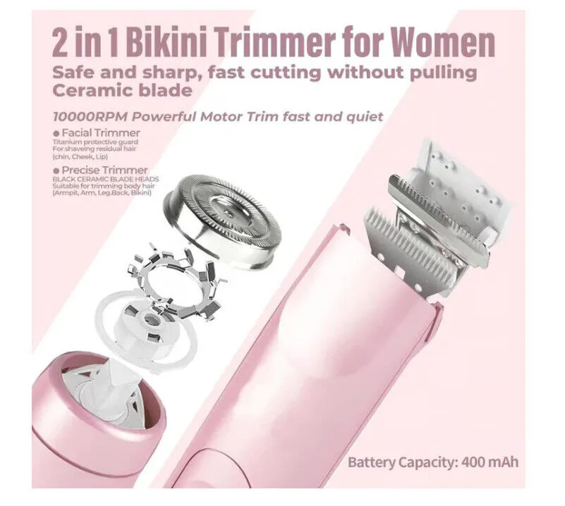 2 in 1 Women Electric Shaver Dual Head Bikini Trimmer for Women IPX7 Waterproof Wet & Dry Use Body Hair Trimmer and Facial Hair Remover for Bikini Underarm Leg Arm Body Face, Pink