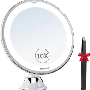 Auxmir 10X Magnifying Mirror with Light, 17cm/6.7in Daylight LED Makeup Mirror with Adjustable Brightness, 360° Rotating Lighted Vanity Mirror with Locking Suction Cup for Shaving, Bathroom [Energy Class F]