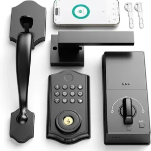 Smart Front Door Lock Set, APP Control Keyless Entry Door Lock with Handle, Smart Fingerprint Deadbolt, Anti-Peeping Electronic Keypad, Auto Lock, Easy Install, Black