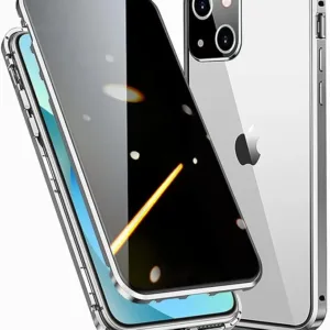 Privacy Case for iPhone 15 Plus,Anti-peep Screen Magnetic Double-sided Tempered Glass Phone Case ,360 Full Body Protection/Front & Back Metal Bumper/Anti-Spy Case with Camera Cover for 15 Plus,Silver