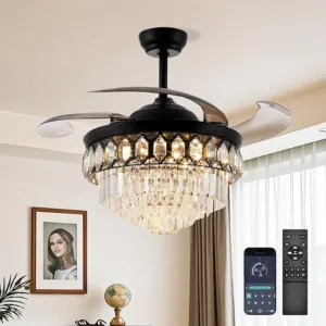 42″ Black Chandelier Ceiling Fan with Light and APP/Remote Control,Retractable Fandelier Celing Fan with Light,LED Kinds of Color Dimming 6-Speed Silent Crystal Ceiling Fan for Bedroom Living Room