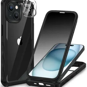 CENHUFO iPhone 15 Case, with Built-in Anti Peep Tempered Glass Privacy Screen Protector and Camera Lens Protective, Full Body Shockproof Clear Cover Spy Privacy Phone Case for iPhone 15 - Black