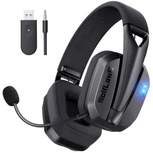 WolfLawS Wireless Gaming Headset for PC, PS5, PS4, Mac, 2.4GHz/Bluetooth USB Over-Ear Headphones with Detachable and Built-in Mics, 48+ Hour Battery