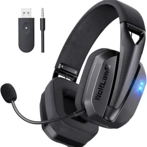 WolfLawS Wireless Gaming Headset for PC, PS5, PS4, Mac, 2.4GHz/Bluetooth USB Over-Ear Headphones with Detachable and Built-in Mics, 48+ Hour Battery