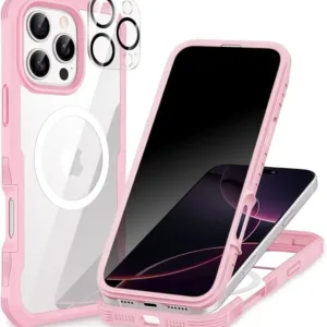 CENHUFO Compatible with iPhone 16 Pro Max Privacy Case Fits Magsafe, Built-in Privacy Screen Protector with Lens Protector, 360 Full Body Protective Phone Case for iPhone 16 Pro Max 6.9 Inch -Pink