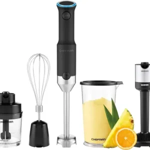 CHEFMAN Cordless Portable Immersion Blender 5-in-1 Blender Set, Ice Crushing Power with One-Touch Speed Control, Comes with Potato Masher, Whisk, Chopper, Beaker, and Storage Case, Stainless Steel