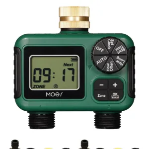 MOES 2 Outlet Sprinkler Timer, Brass Inlet, Programmable Automatic Irrigation Controller, Rain Delay, Manual Watering, 2 Zone Water Hose Timer for Gardens, Lawns, and Hose Systems