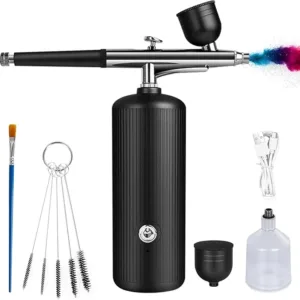 Airbrush Kit with Compressor - Rechargeable Portable Non-Clogging High-Pressure Air Brush Set with Nozzle and Cleaning Brush Set for Nail Art, Makeup, Barber, Cake Decor, Model Painting (Black)