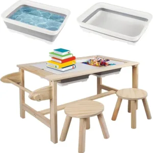 QEKMSY Kids Sensory Bins Table with 2 Stool, Multifunctional Children Interactive Activity Wooden Table Set for 1-3 Years, Drawing Table Play Sand & Water Table with Storage Bins Lid