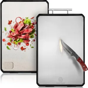 SMARTHAVEN Stainless steel Cutting Board,titanium coated Board,Double Sided Steel Cutting Board for kitchen,Stainless Steel/Wheat straw pp, double side chopping board food grade(L-42 * 31CM)