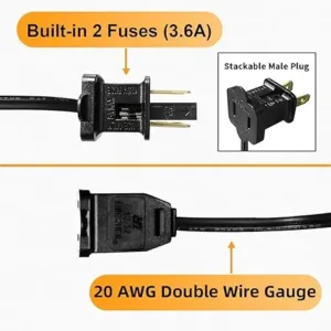 3 Pack Black Extension Cord 6 Feet Polarized Christmas Extension Cord 2 Prong, Thin Short Extension Cord with Polarized Plug for Connect/Extend Indoor Outdoor Halloween Christmas Light (18 Feet)