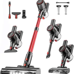 TITIPOY Cordless Vacuum Cleaner, 400W 38Kpa Powerful 3 Suction Stick Vacuum, 45Mins Runtime, LED Display, Anti-Tangle V-Brush, 8-in-1 Lightweight Vacuum for Pet Hair, Carpet & Hard Floors (Red)