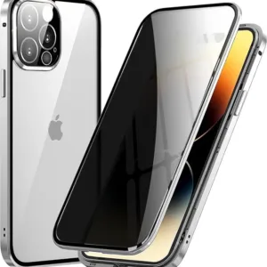 QiiStar Privacy Case for IPhone 14 Pro,Front and Back 360° Full Body Cover Metal Bumper Anti-peep Screen Protector + Crystal Clear Tempered Glass with Built-in Camera Lens Protector - Silver