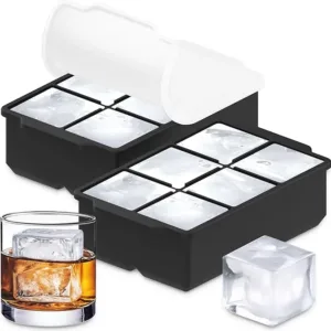 KitchFort Large Silicone Ice Cube Tray (2-Pack), Easy Release 2" Big Ice Cubes - Cocktail, Whiskey Ice Cubes Mold - BPA Free Ice Cube Trays for Freezer - Ice Tray With Stackable Lid - Black