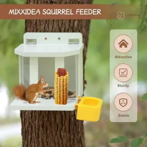 MIXXIDEA Wooden Squirrel Feeder with Water Bowl, Large Capacity Squirrels Feeders for Outside, Sturdy Construction, No Assembly Lovely Chipmunk Feeder for Corn, Peanut, Nuts, Chestnuts (White-1pk)