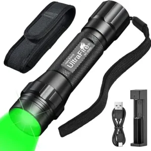 ULTRAFIRE Green Light Flashlight, Zoomable LED Green Hunting Light, 520-530nm, 500 Lumen, 200 Yards, Waterproof, Durable Aluminum, Rechargeable Lithium-ion, Tactical, Night Hunting