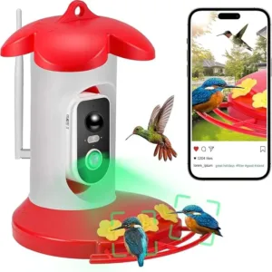 Hummingbird Feeder with Camera for Outdoor - 2K QHD Video, Instant Notifications & AI Bird Species, Ant Moat, Bee Proof, Motion Detection, 2.4G WiFi, Signal Booster, Gift for Bird Lovers Re (Red)