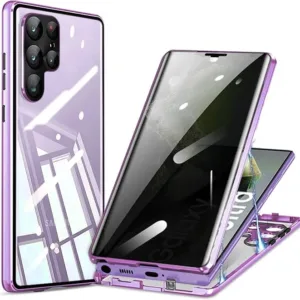 OMGZONE Privacy Case for Samsung Galaxy S24 Ultra,Magnetic Cover Built-in Privacy Tempered Glass and Camera Protector,360 Degree Metal Bumper Case for Samsung S24 Ultra,Purple