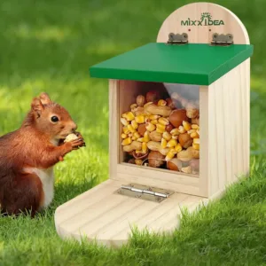 MIXXIDEA Wooden Squirrel Feeder with Water Bowl, Large Capacity Squirrels Feeders for Outside, Sturdy Construction, No Assembly Lovely Chipmunk Feeder for Corn, Peanut, Nuts, Chestnuts (White-1pk)