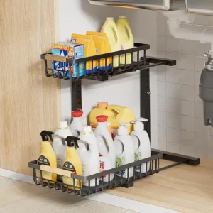 2 Tier Slide-Out Under Sink Organizer and Storage,Under Bathroom Sink Organizer with 5 Level Height Adjustable,Large Capacity,Multi-Purpose Storage for Kitchen,Bathroom,Pantry (Black)