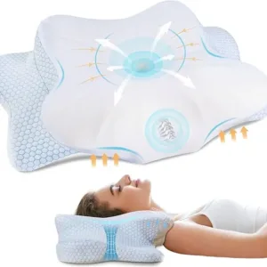 Cervical Memory Foam Pillow for Neck and Shoulder, Ergonomic Contour Cervical Pillow for Sleeping with 2 Heights, Cooling Neck Support Pillows for Side Back Stomach Sleeper Queen Size Blue