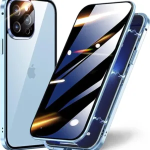 TOPF&B Privacy Case for iPhone 15 Pro Max,Magnetic Cover Built-in Privacy Screen Protector and Camera Protector,360 Degree Full Cover Metal Bumper Case for iPhone 15 Pro Max,Blue