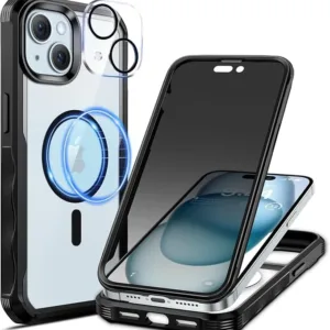 seacosmo Magnetic for iPhone 15 Case 6.1 Inch, Privacy Phone Case Compatible with Magsafe Built-in 9H Tempered Glass Privacy Screen Protector and Camera Protective Full Body Shockproof Case, Black