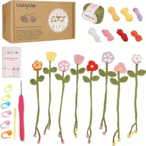 WaldyWop Crochet Kit for Beginners - 8 Flower Bookmarks Knitting Kit w/Step-by-Step Video Tutorials & Soft Yarn, Hook - Wobbles DIY Art Craft Kit for Adults Kids, Birthday Gifts for Women Girls Teen