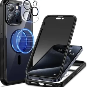 seacosmo Magnetic for iPhone 15 Pro Max Case, Privacy Phone Cover Compatible with Magsafe Built-in Anti Peep Tempered Glass Privacy Screen Protector and Camera Protective Full Body Shockproof -Black