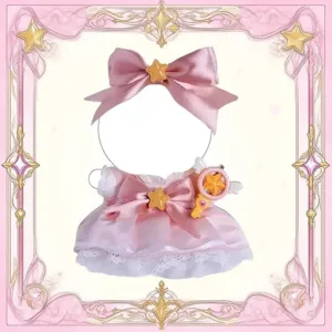 Clothes for Doll – Magical Girl Outfit for 17cm Doll, Layered Pink & White Satin Dress with Star Bow, Large Ribbon Headpiece & Magic Wand Accessory – Doll Accessories Only