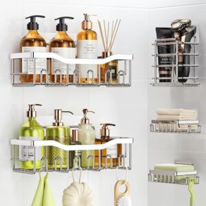 Shower Organizer Drill Free 5 Pack- Rustproof Stainless Steel Bathroom Shelves with Adjustable Soap Holder & Hooks, Heavy-Duty Space Saving Storage for Shower Kitchen (Silver)