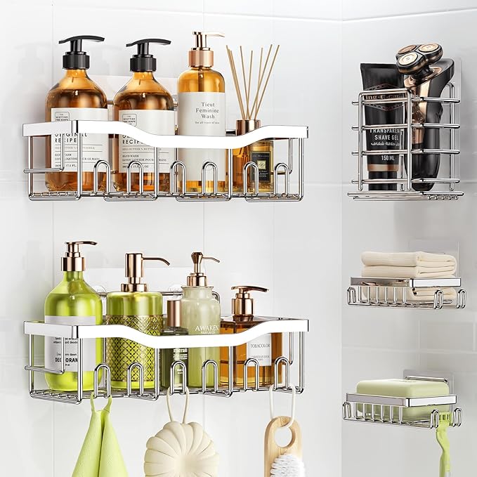 Shower Organizer Drill Free 5 Pack- Rustproof Stainless Steel Bathroom Shelves with Adjustable Soap Holder & Hooks, Heavy-Duty Space Saving Storage for Shower Kitchen (Silver)