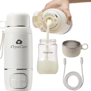 CrystCare Portable Milk Warmer for Travel - Large Capacity,Fast Heating with Precise Temp Control, Long-Lasting Battery & Dual Modes for Breast Milk/Formula, USB-C Charging, Car/Airplane Safe（Clouds）