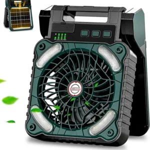 Sendowtek Portable Battery Fan with Solar Panel, 10400 mAh Rechargeable with LED Light 4 Speed Timer Small USB Table Fan for Camping Outdoor Indoor Picnic Cooling Sleeping