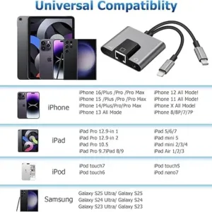 2 in 1 Lightning and Type C to RJ45 Ethernet Adapter Network Adapter,with Charge Port and 3.5mm Audio Jack Support, Plug and Play, Supports 100Mbps Ethernet Network, Compatible with iPhone 15