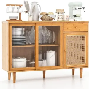 GiantexUK Buffet Storage Cabinet, Bamboo Kitchen Sideboard with 2 Tampered Glass Sliding Doors, Rattan Door, Drawer & Non-Slip Foot Pads, Freestanding Cupboard for Dining Living Room Entryway