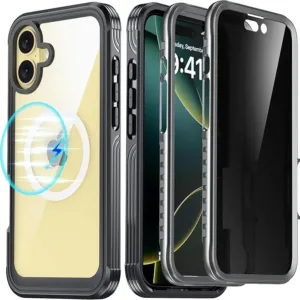 AMILIFECASES for iPhone 16 Plus Case Magnetic, Fit for Magsafe, [Built-in 9H Tempered Glass Screen Protector + Privacy Screen Protector] 360 Full Body Bumper Clear Back Case for iPhone 16 Plus - Black