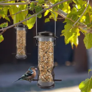 MIXXIDEA 1PK Metal Bird Feeders with 6 Feeding Ports,Tube Bird Feeder with Steel Hanger,Hard Plastic Wild Bird Feeder for Outdoors Hanging, Attracting Birds in Your Lawn, Garden, Balcony–Bronze