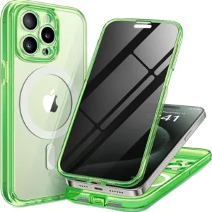 TIESZEN for iPhone 15 Pro Case Magnetic, [Compatible with Magsafe], Built-in Privacy Screen Protector & Upgraded Camera Protection, Anti Spy Full Body Hard Phone Case for 15 Pro 6.1'', Bright Green