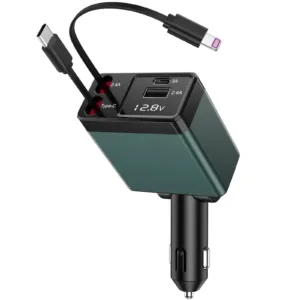 Retractable Car Charger, 4 in 1 Fast Charge Type C PD 30W, 2 Retractable Cables 31.5 Inch and 2 USB Ports Car Charger Adapter Compatible with iPhone 16/15/14/13/12/11/iPad,Galaxy S23/ S22
