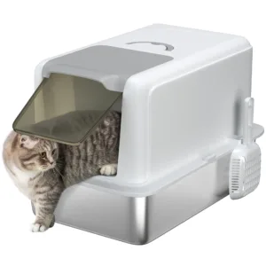 Stainless Steel Litter Box, Ordor Control, Filter Free, Convenient Flip-Top Lid, Extra Lage 65L Enclosed, Anti-Leak, Comes with Scoop & Litter Mat, Easy to Clean