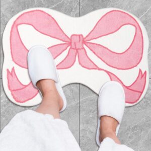 CUANBOZAM Bow-Shaped Bathroom Rug Mat - Handmade Plush Bathmat 30''x24'' (75x60cm) Non-Slip Bow Bathroom Decor for Girls, Coquette Aesthetic Room & Vanity Shaggy Floor Mat