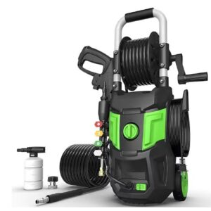 QIOMALA Electric Pressure Washer, 1350 PSI Max 1.0 GPM with 35 FT Power Cord, 20 FT Hose, 4 Nozzles, Foam Cannon & Hose Reels with Handles - Ideal for Car, Patio Cleaning