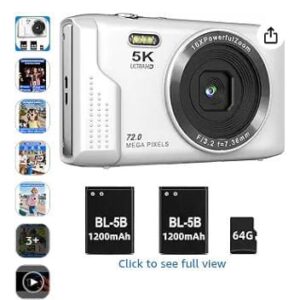 Digital Camera with 64GB Card Autofocus 2.7K 48MP Kids Camera with 16X Zoom Anti Shake 2 Batteries, Compact Portable Small Point and Shoot Digital Cameras Gift for Kid Student Children Teen Girl Boy