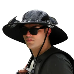 Solar Fan Hat Breathable Wide Brim Sun Hat for Men Women Sun Bucket Fishing Hats with 2 Solar Fan UPF 50+ Outdoor