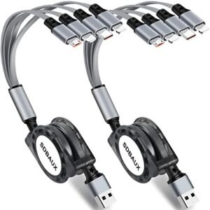 Multi Charging Cable 3A, 2-Pack 4ft, 3 in 1 Retractable Phone Charger Fast Charger Cord, USB C Adapter, Lightning/Type C/Micro USB Ports, For Cell