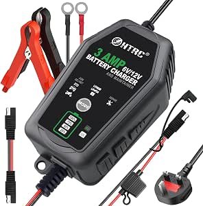 HTRC 3A Car Battery Charger 6V/12V for AGM, GEL, EFB and LiFePO4 Batteries | Motorcycle Battery Charger with SAE Quick-Connect, Automatic Trickle Charging, Temperature Compensation and Pulse repair