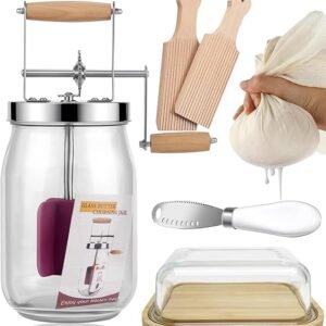 1.5L Butter Churner, Vintag Manual Butter Churn with Wooden Handle, Stainless Steel Gear System Butter Maker, Butter Churner Hand Crank Mason Jar for Baking of Top Gadgets (Upgraded Kit)