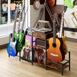 3-Tier Record Player Stand with Integrated Multi-Guitar Rack - Universal Floor Display for 5+ Electric, Acoustic & Bass Guitars - Vinyl Storage Unit & Amp Shelf for 200+ LPs - Walnut